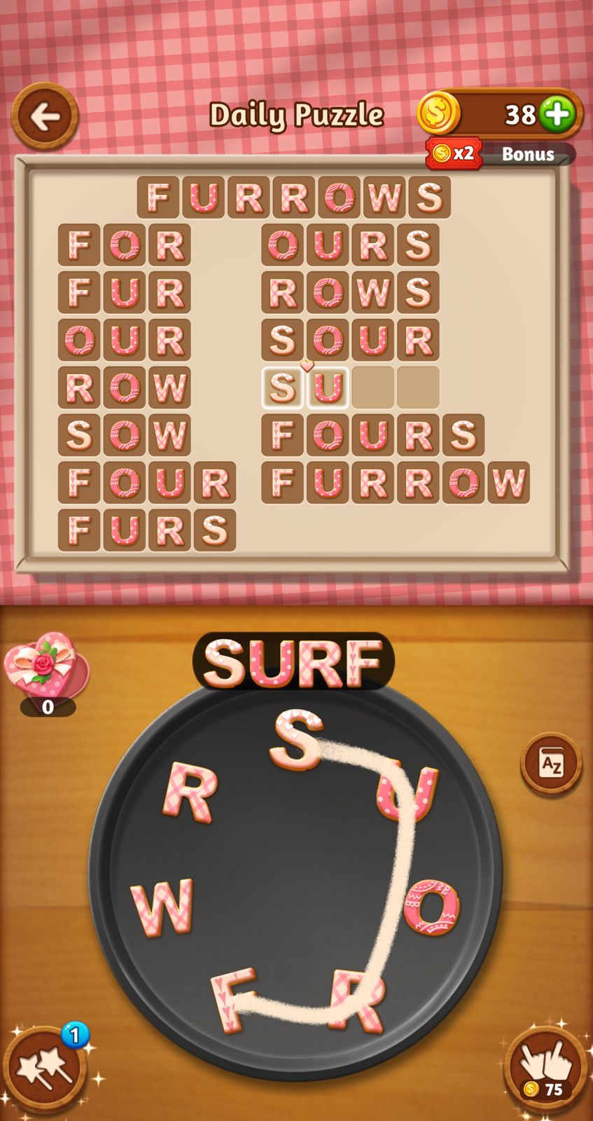 Word puzzle game with letters and coins.