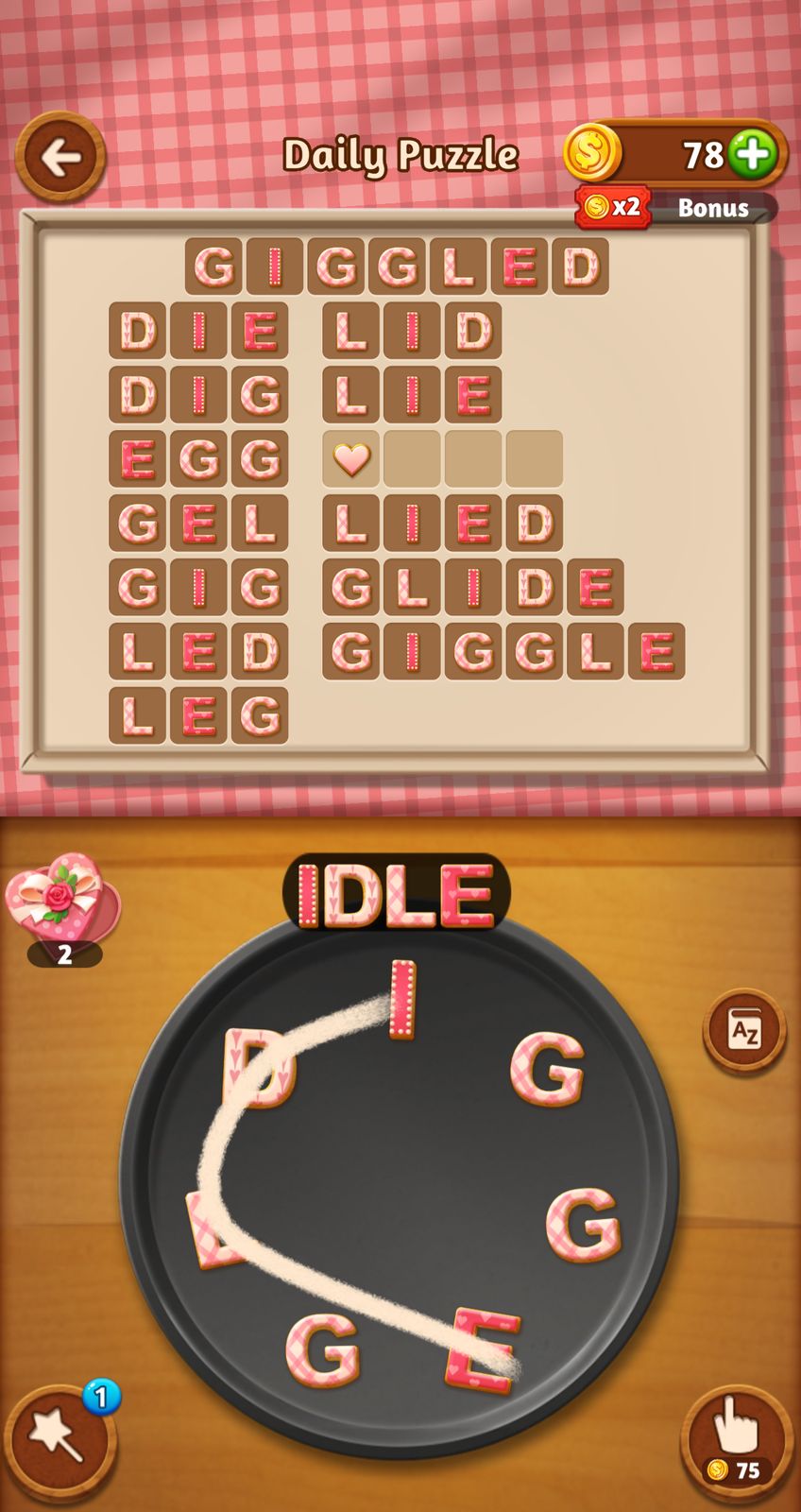 Word puzzle game with cookies and letters.
