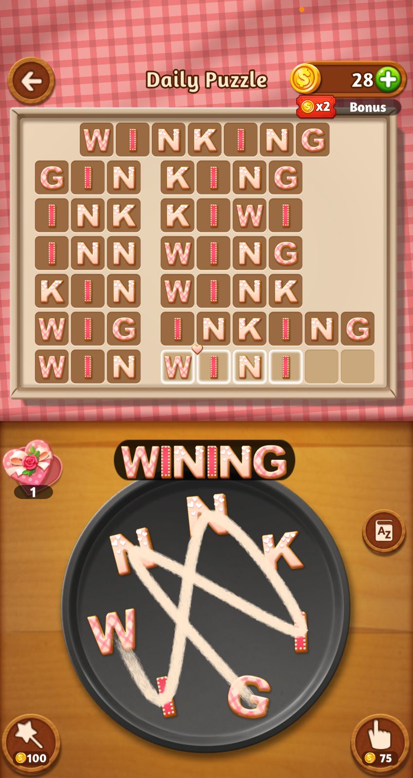 Word puzzle game with candy-themed letters.