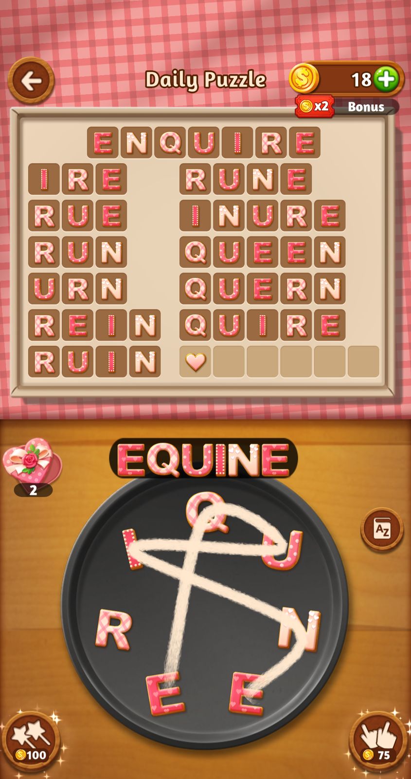 Word puzzle game with candy-themed letters.