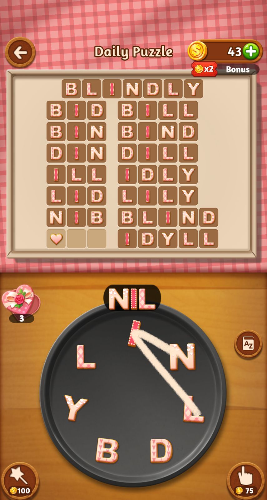 Word puzzle game showing words and letters.