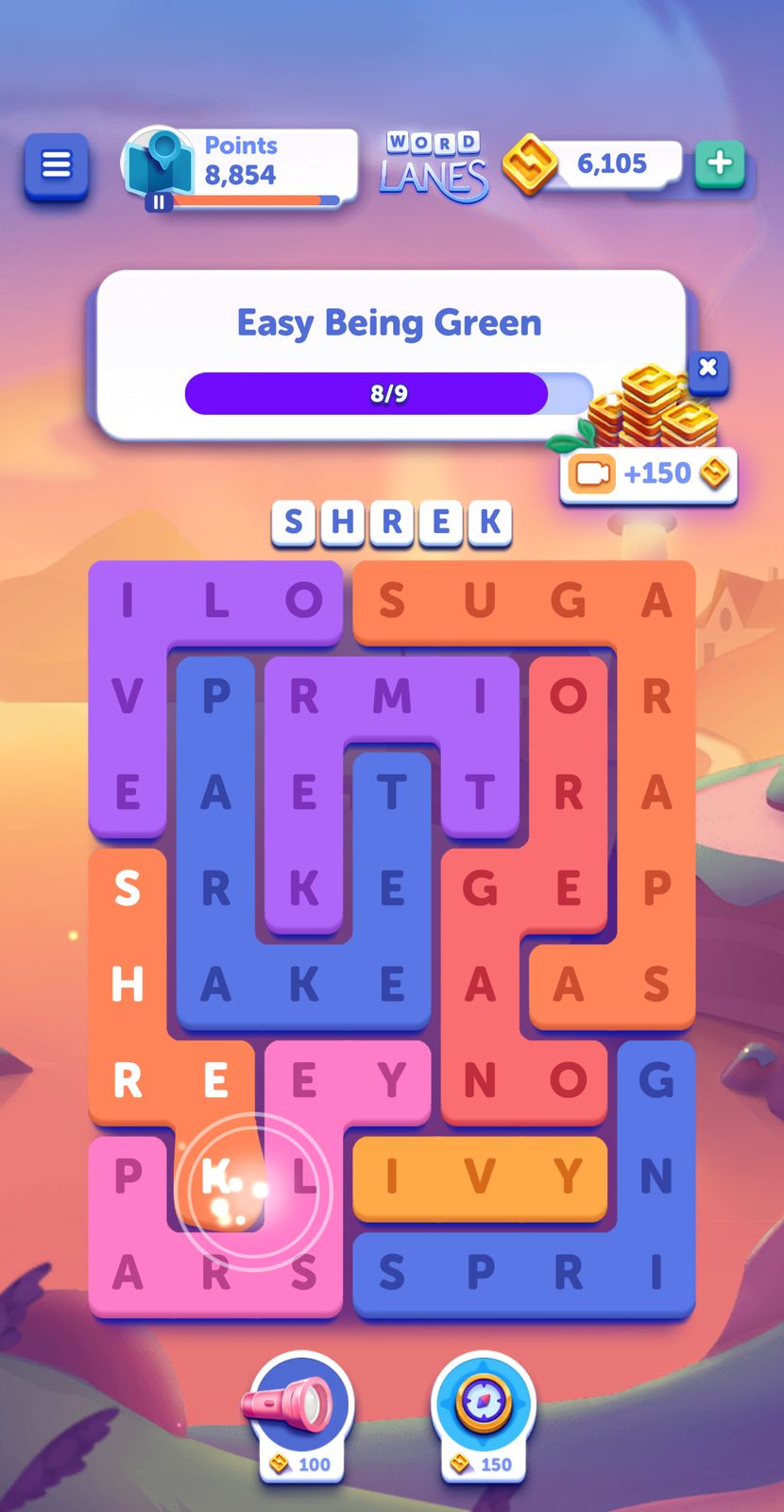 Word puzzle game showing 'SHREK' solution