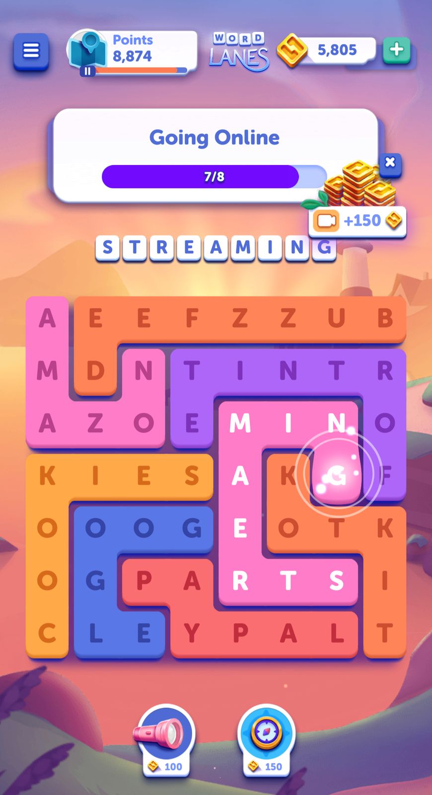 Word puzzle game, colorful letters, progress bar.