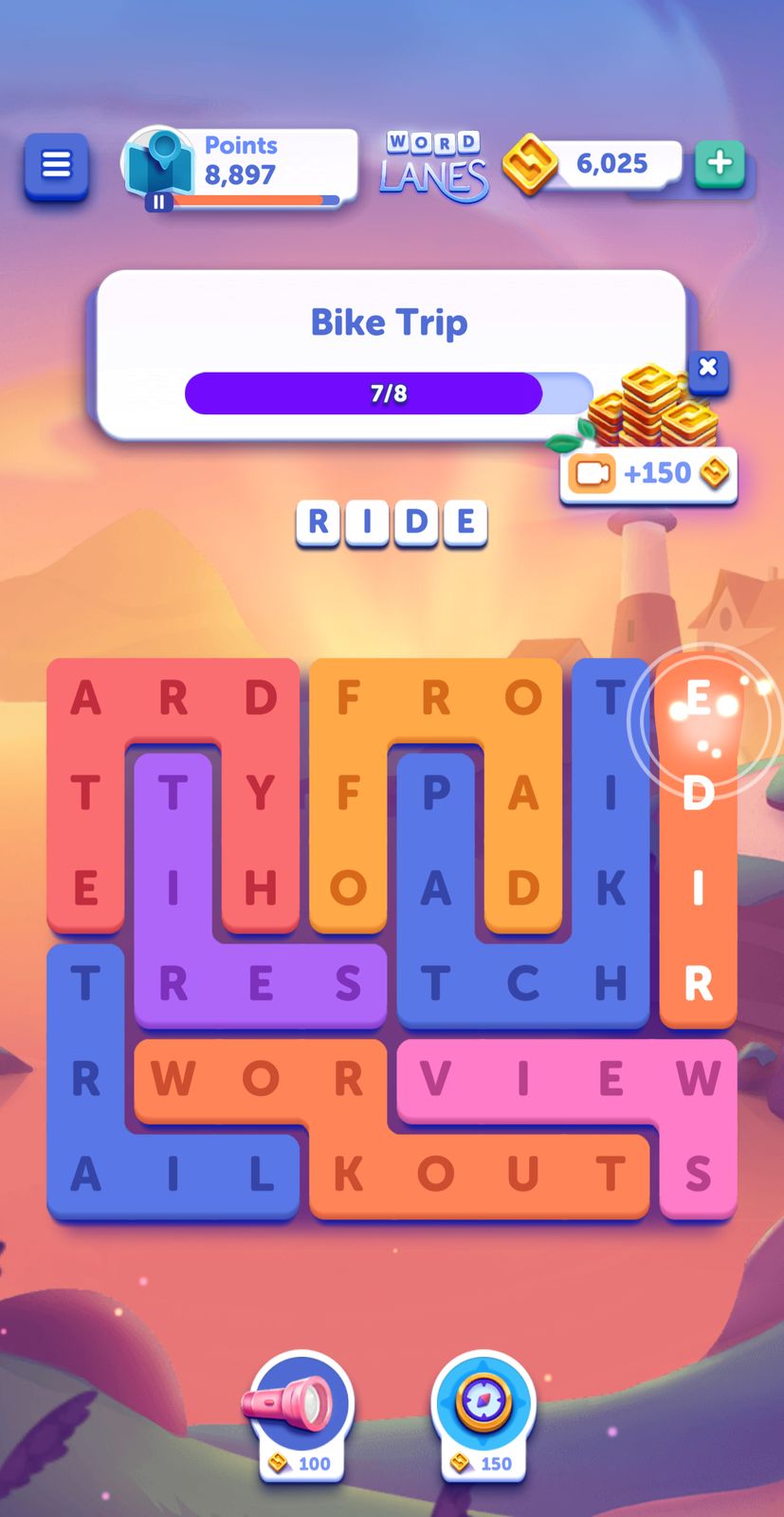 Word puzzle game screen with scoring system.
