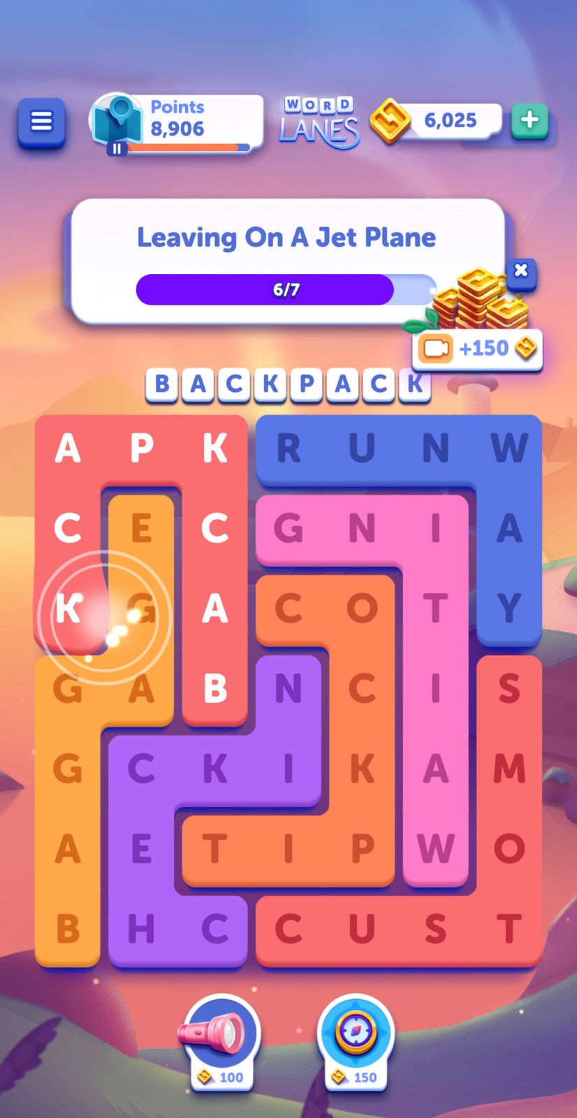 Word puzzle game with word 'BACKPACK' highlighted.