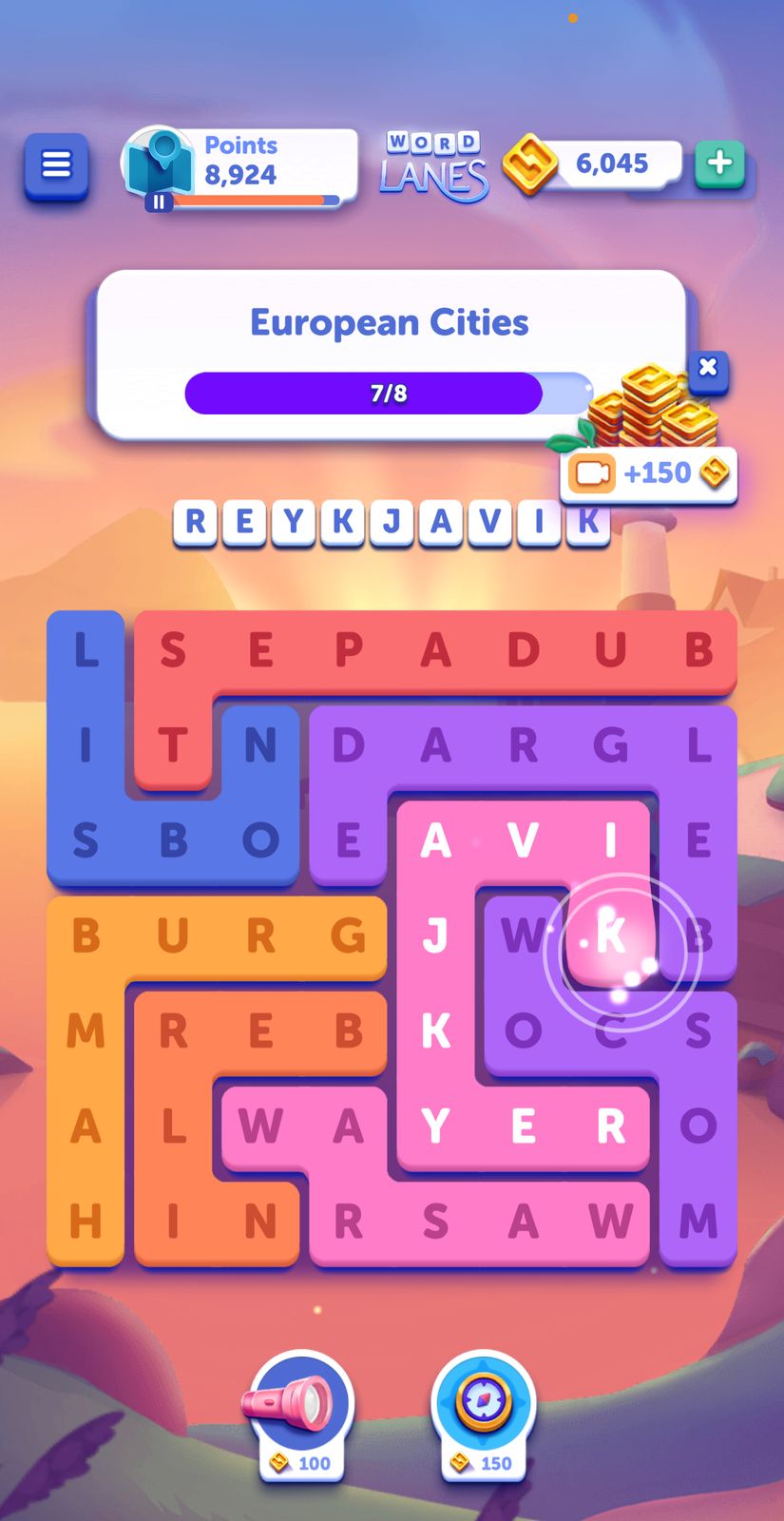Word puzzle game, find European city names.