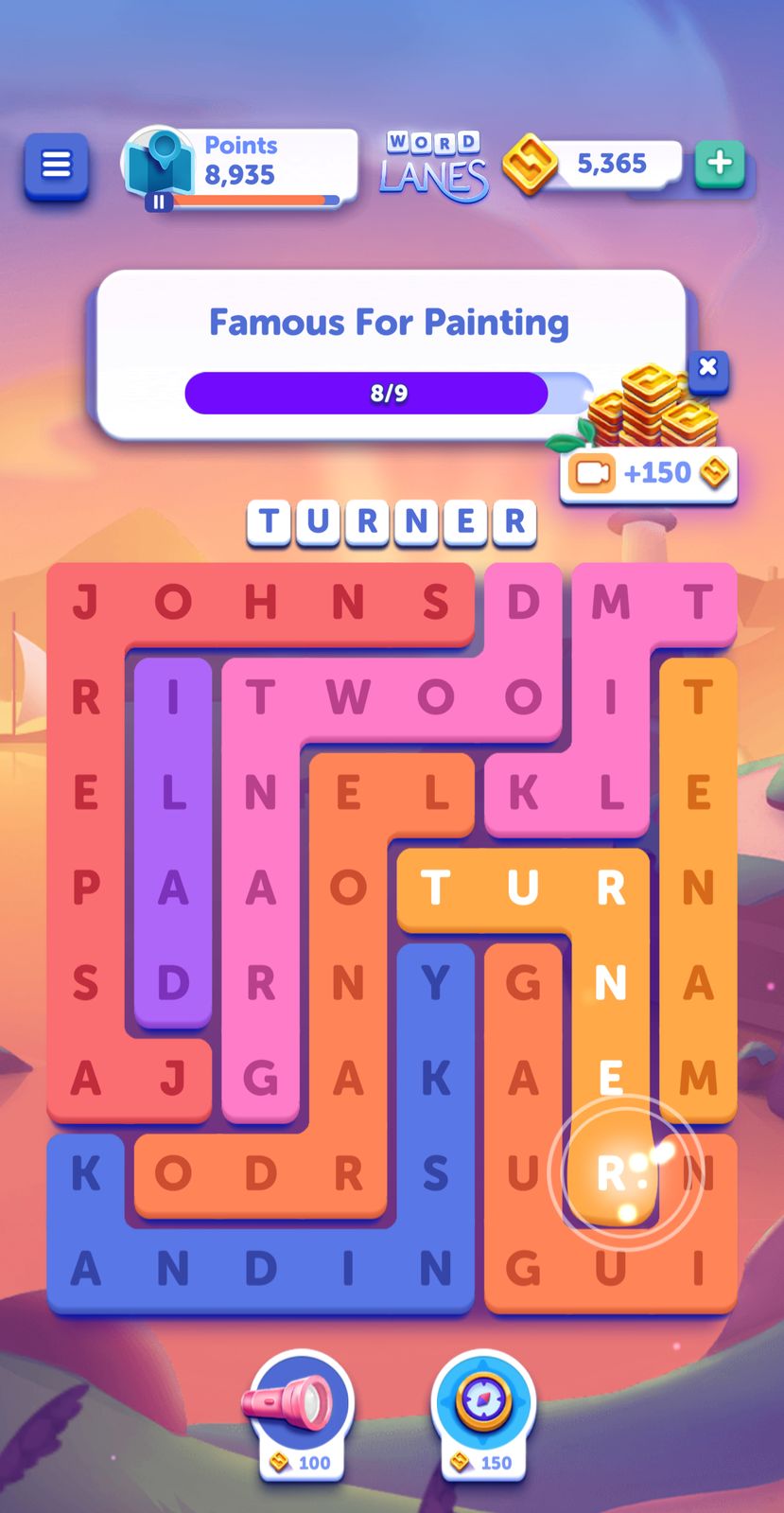 Word puzzle game, famous painters theme, Turner highlighted.