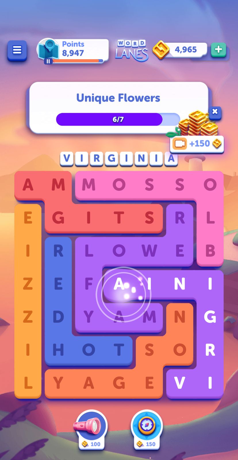 Word puzzle game, finding unique flower names.