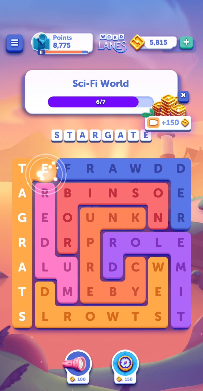 Word search game showing Sci-Fi World level.