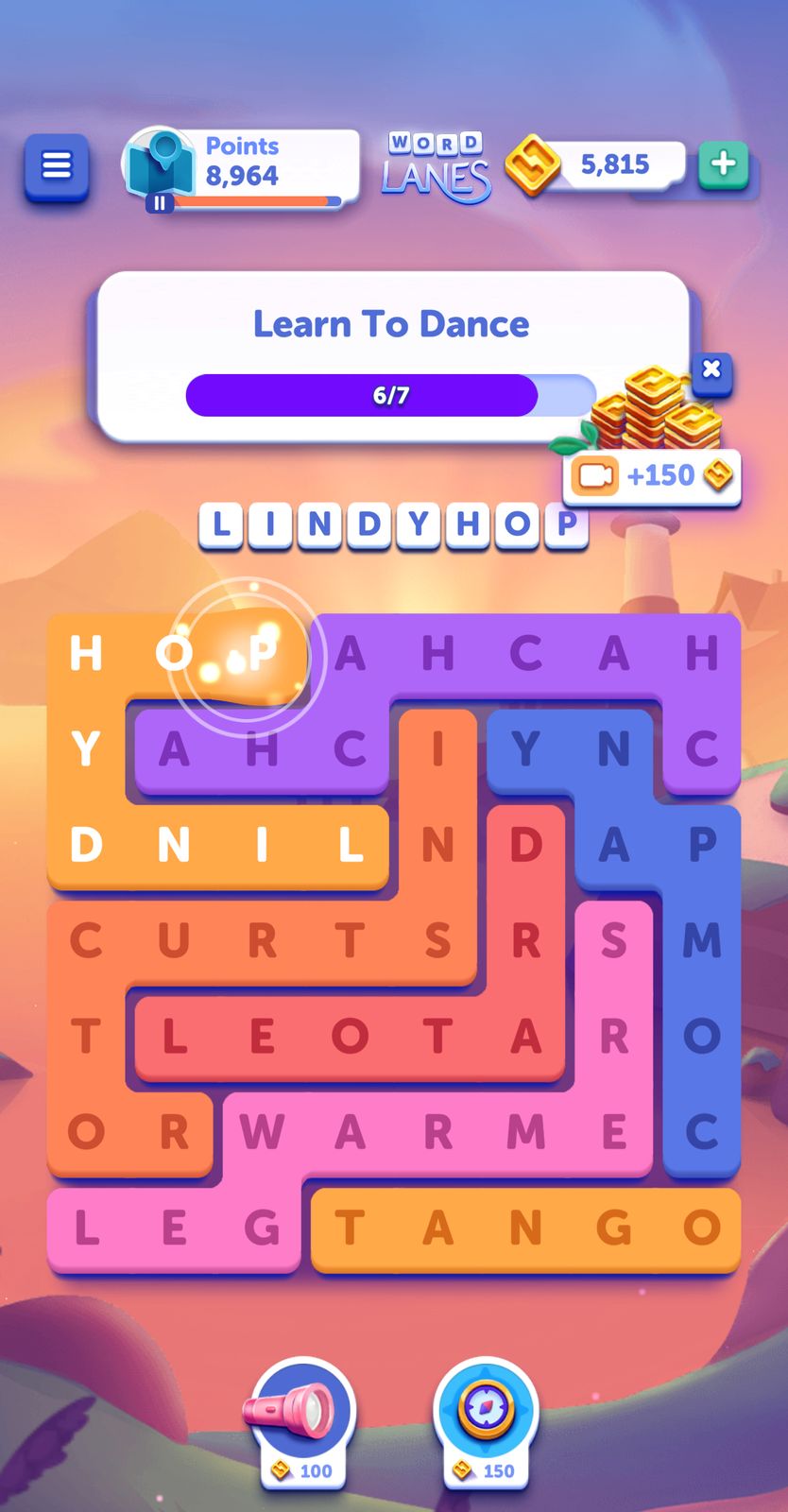 Word search game, dance theme, Lindy Hop found