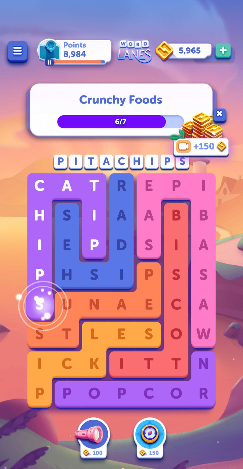 Word puzzle game with crunchy food theme.