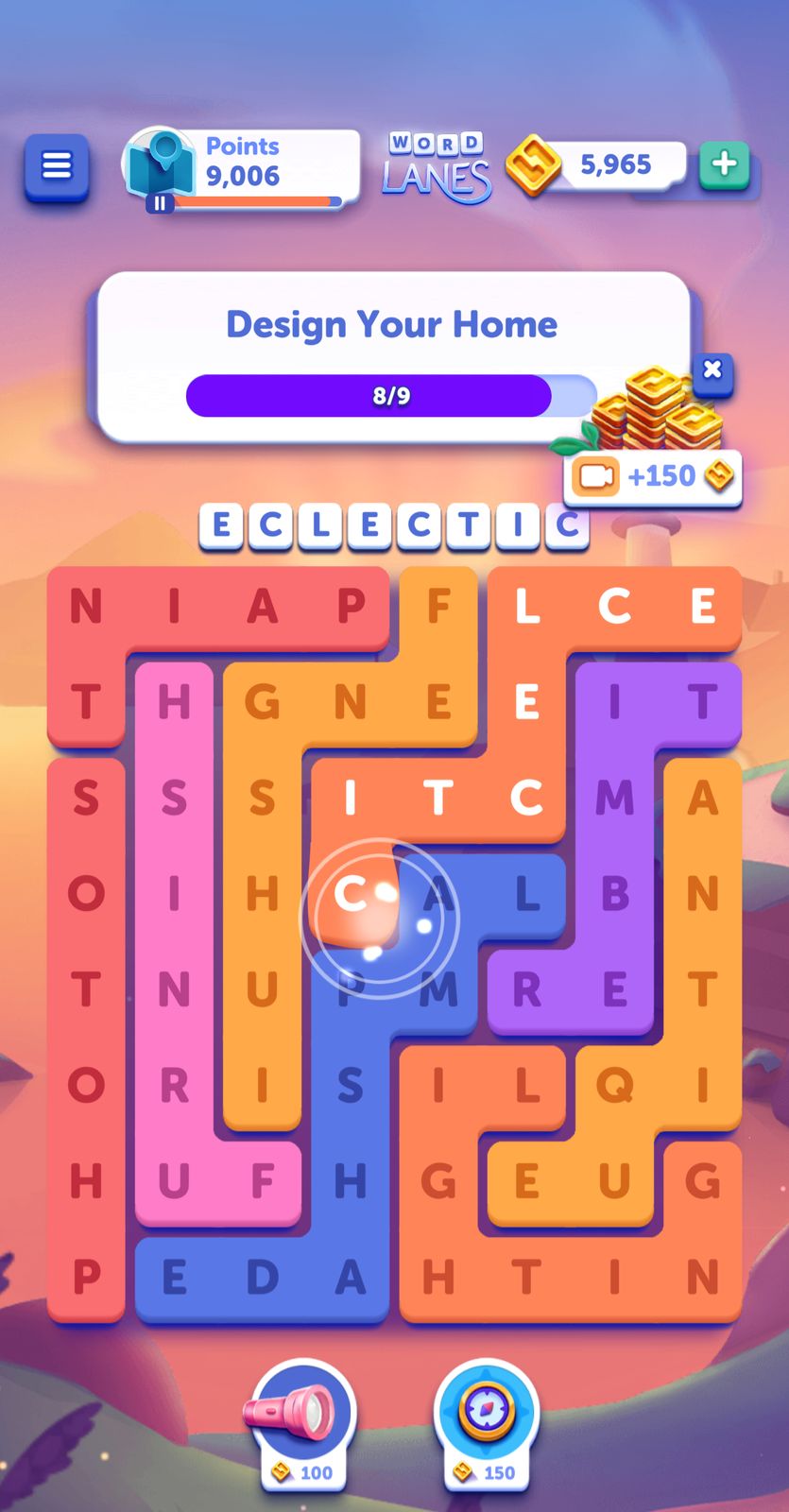 Word puzzle game interface with score and coins