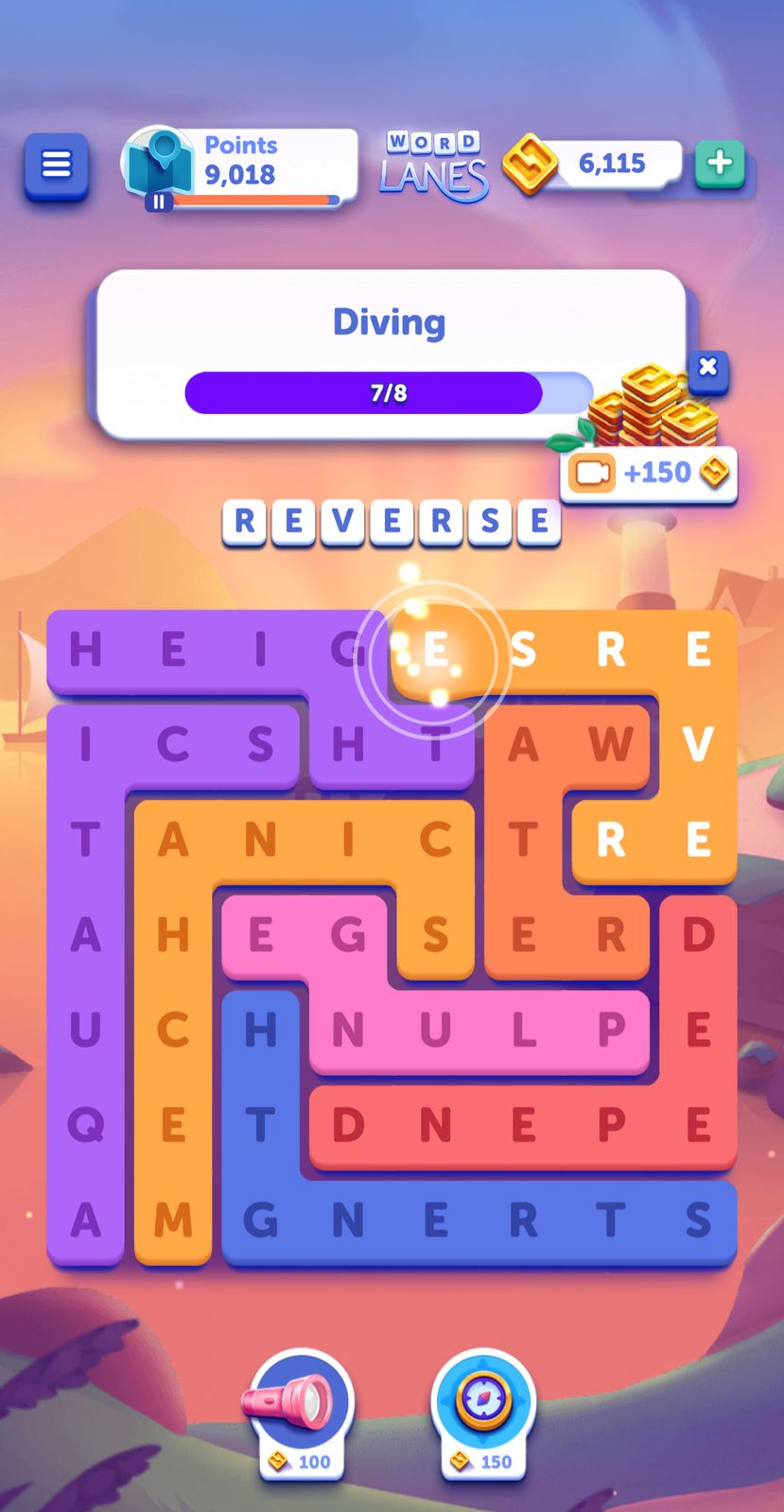 Word puzzle game screen with rewards icons