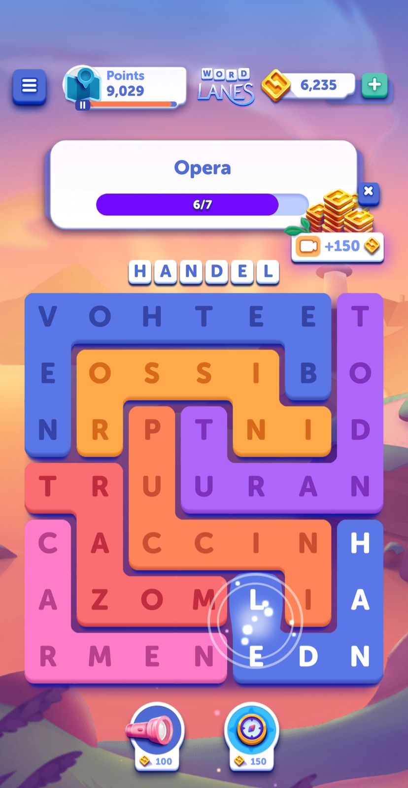 Word search puzzle game screen with opera theme.