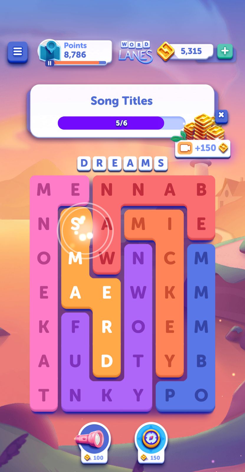 Word puzzle game interface with points and coins.
