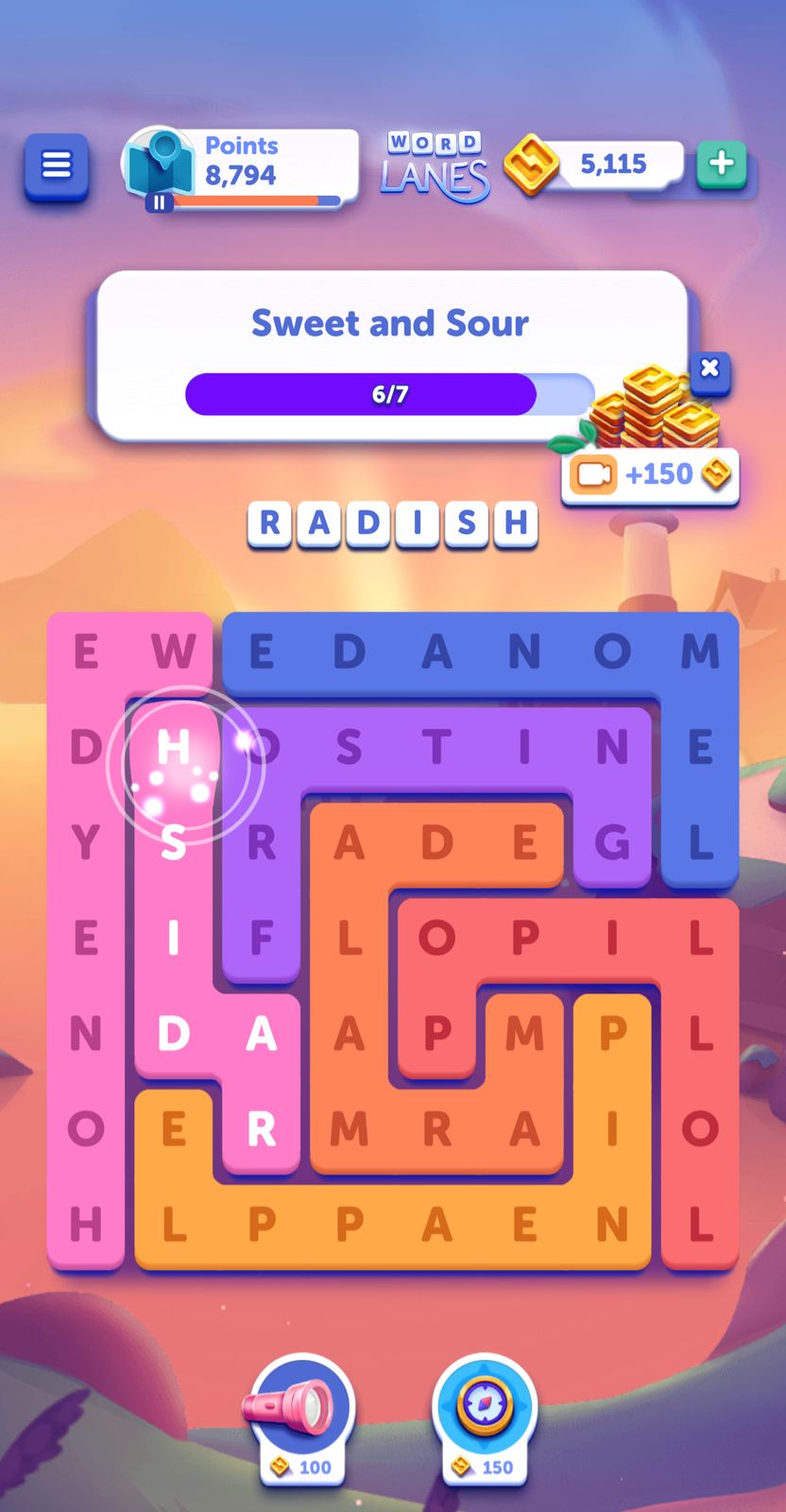 Word puzzle game screen with coins and points.