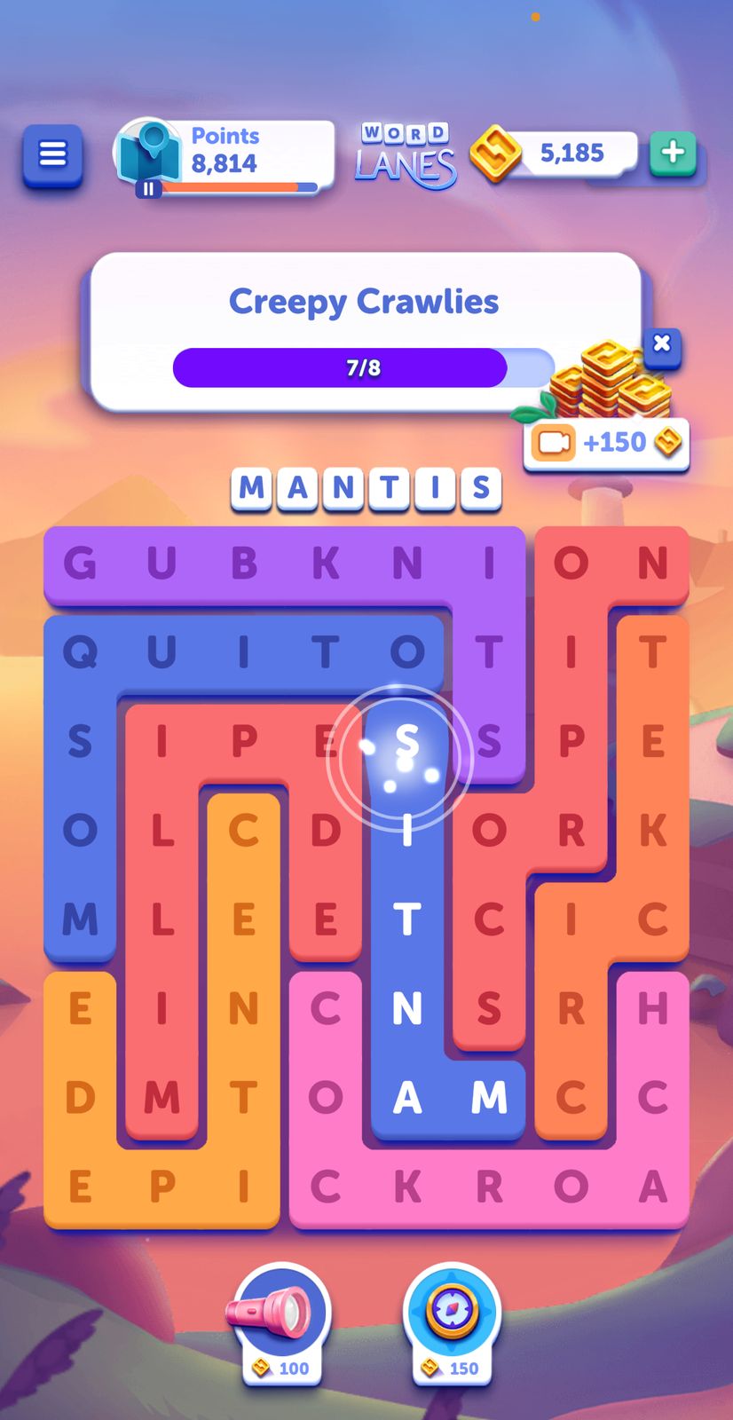 Word search game showing 'mantis' found