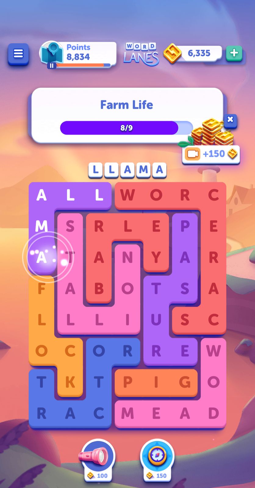 Word puzzle game, farm-themed word search.