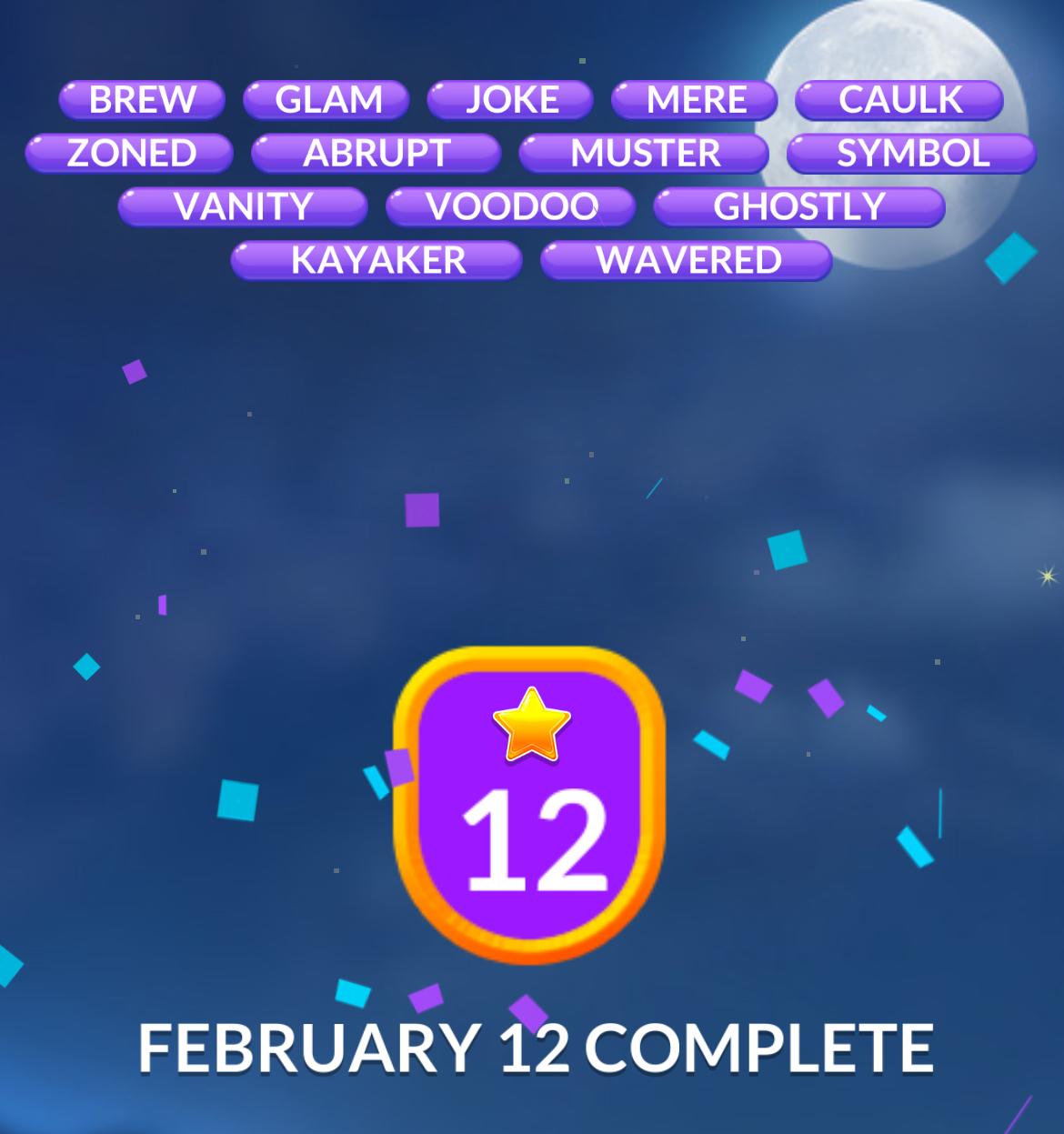 Word game completion on February 12 with badge.