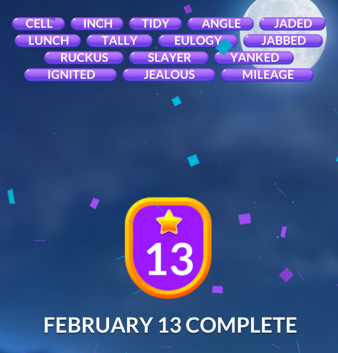 Word puzzle completion badge for February 13