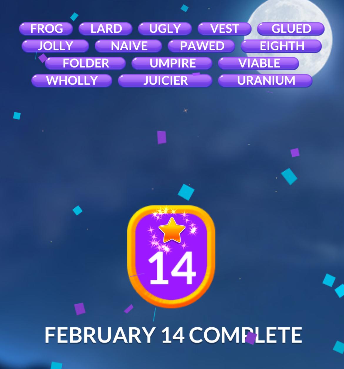 Word puzzle game with February 14 completion badge.