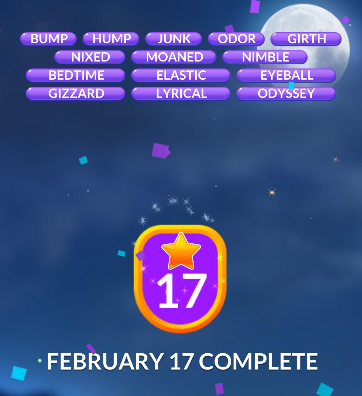Word game completion screen for February 17, 2023.