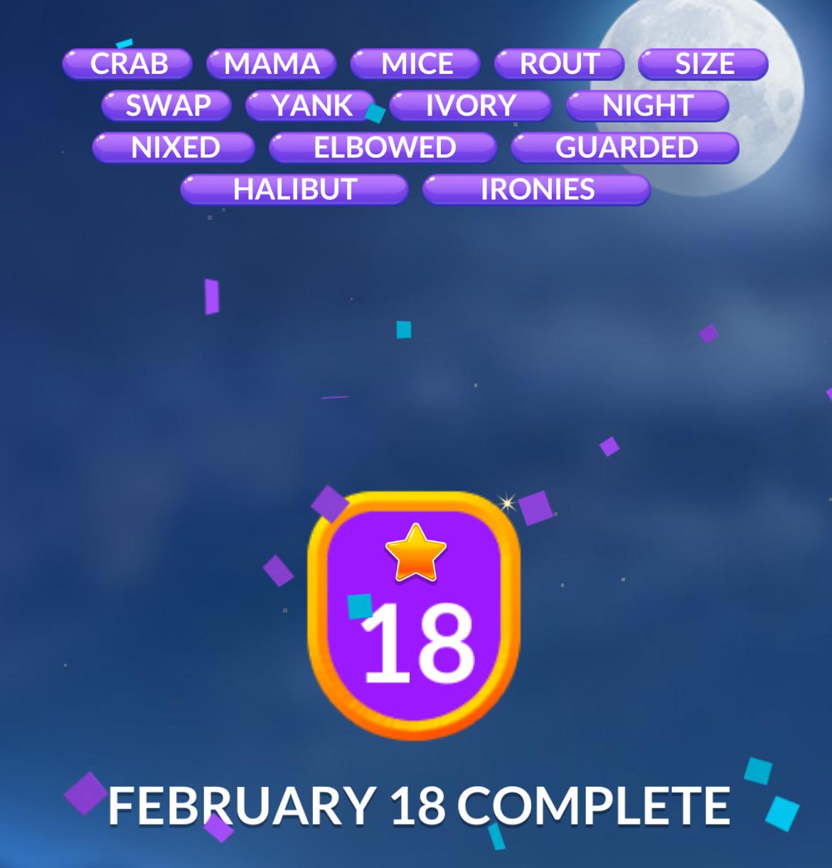 Word game completed: February 18 success.