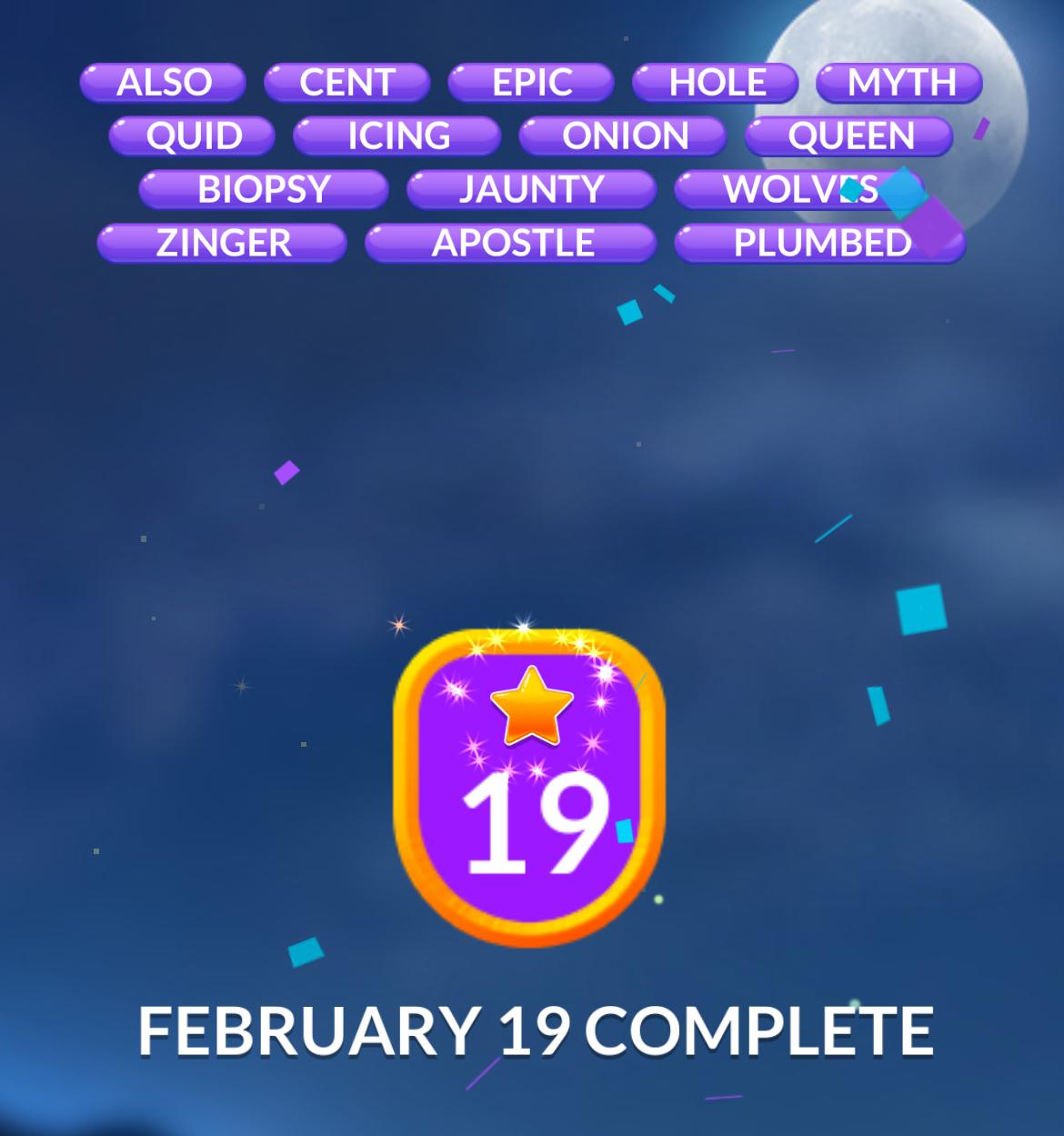 Word game puzzle completed for February 19.