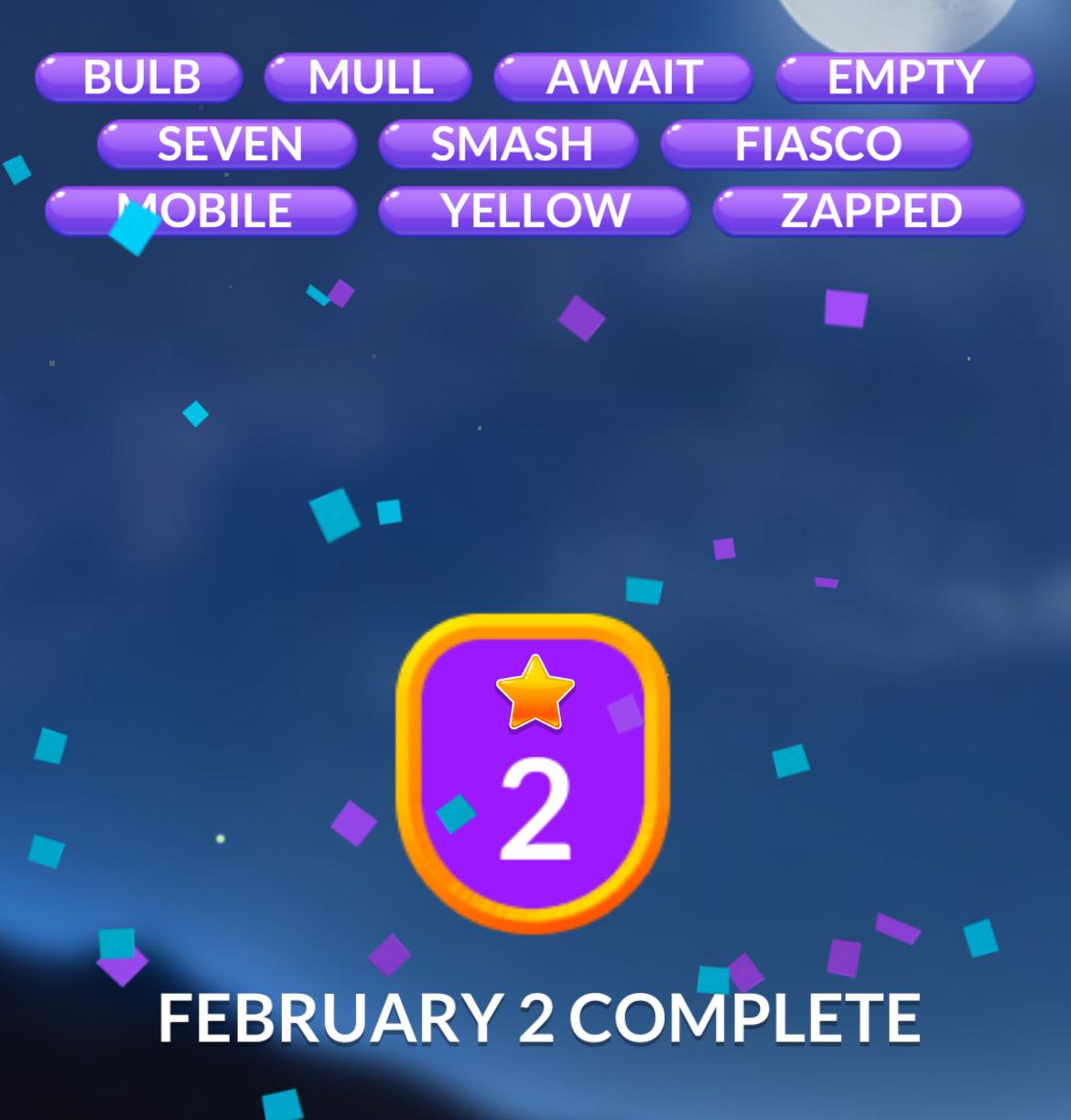 Word Stacks Daily Puzzle February 2 2025 Game level complete, February 2 with words shown.