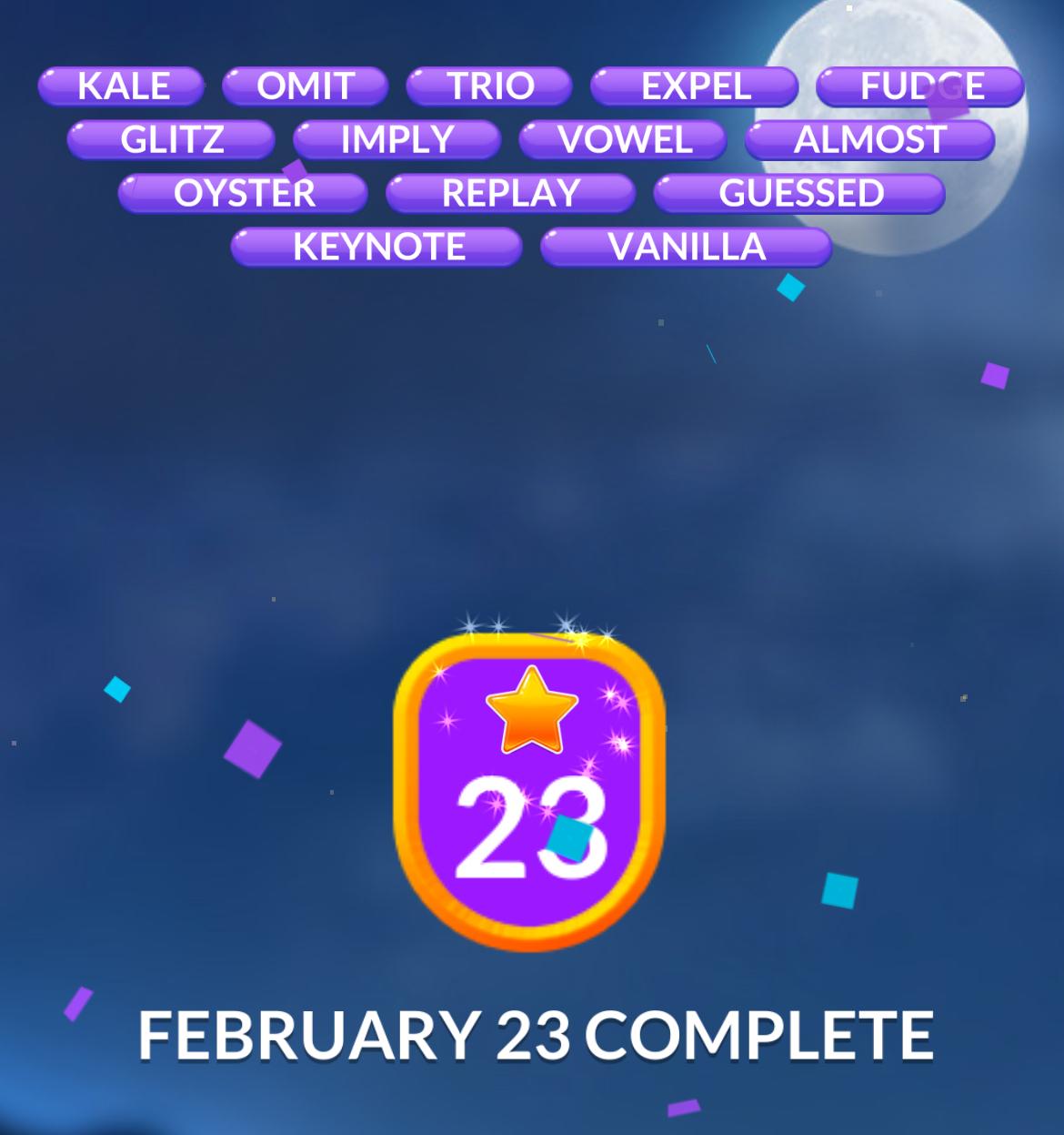 Word puzzle February 23 completion screen with words.