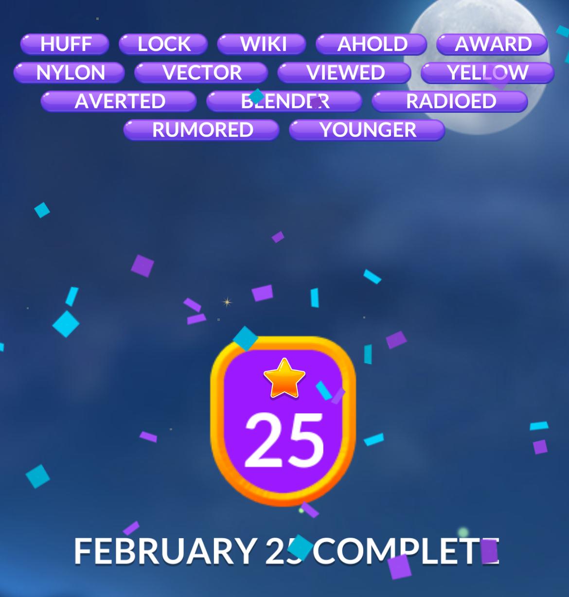 Word game level 25 completed with confetti celebration.