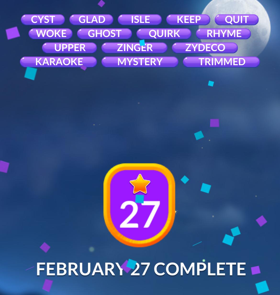 Word puzzle February 27 complete with colorful confetti.