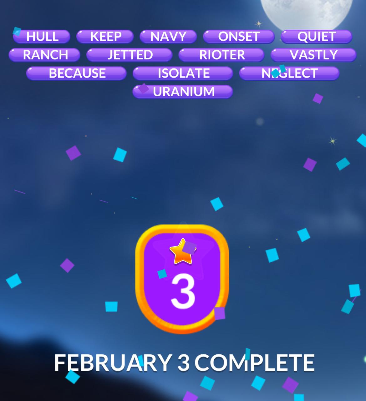 Word game completion screen with February 3 badge.