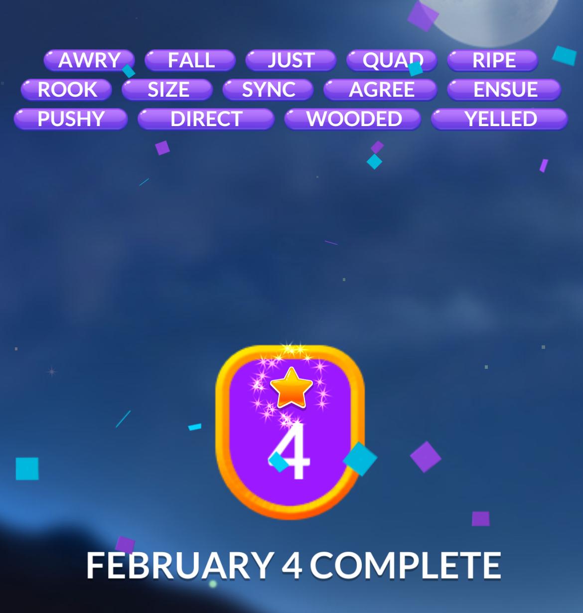 Word game, February 4 completed, confetti celebration.