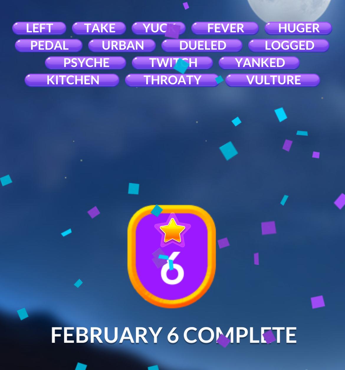 Word game completion badge for February 6.