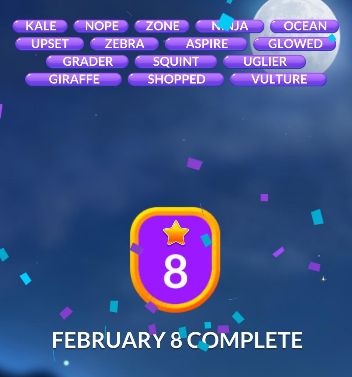 Word puzzle game completion for February 8.