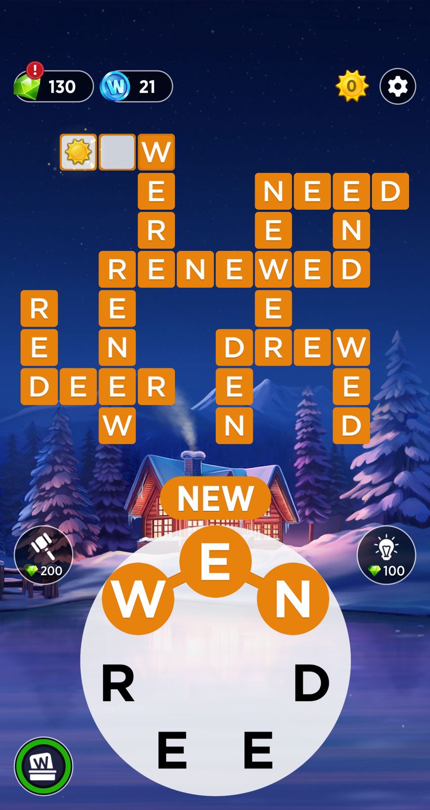 Winter word puzzle game, snowy cabin background.