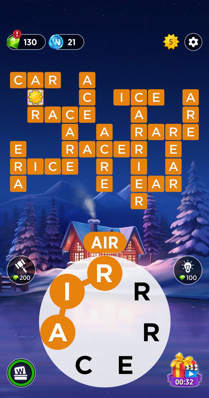 Winter word puzzle game interface with cabin background.