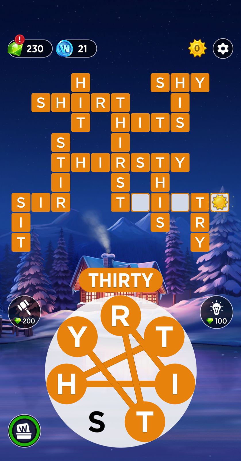 Word puzzle game with snowy cabin background.