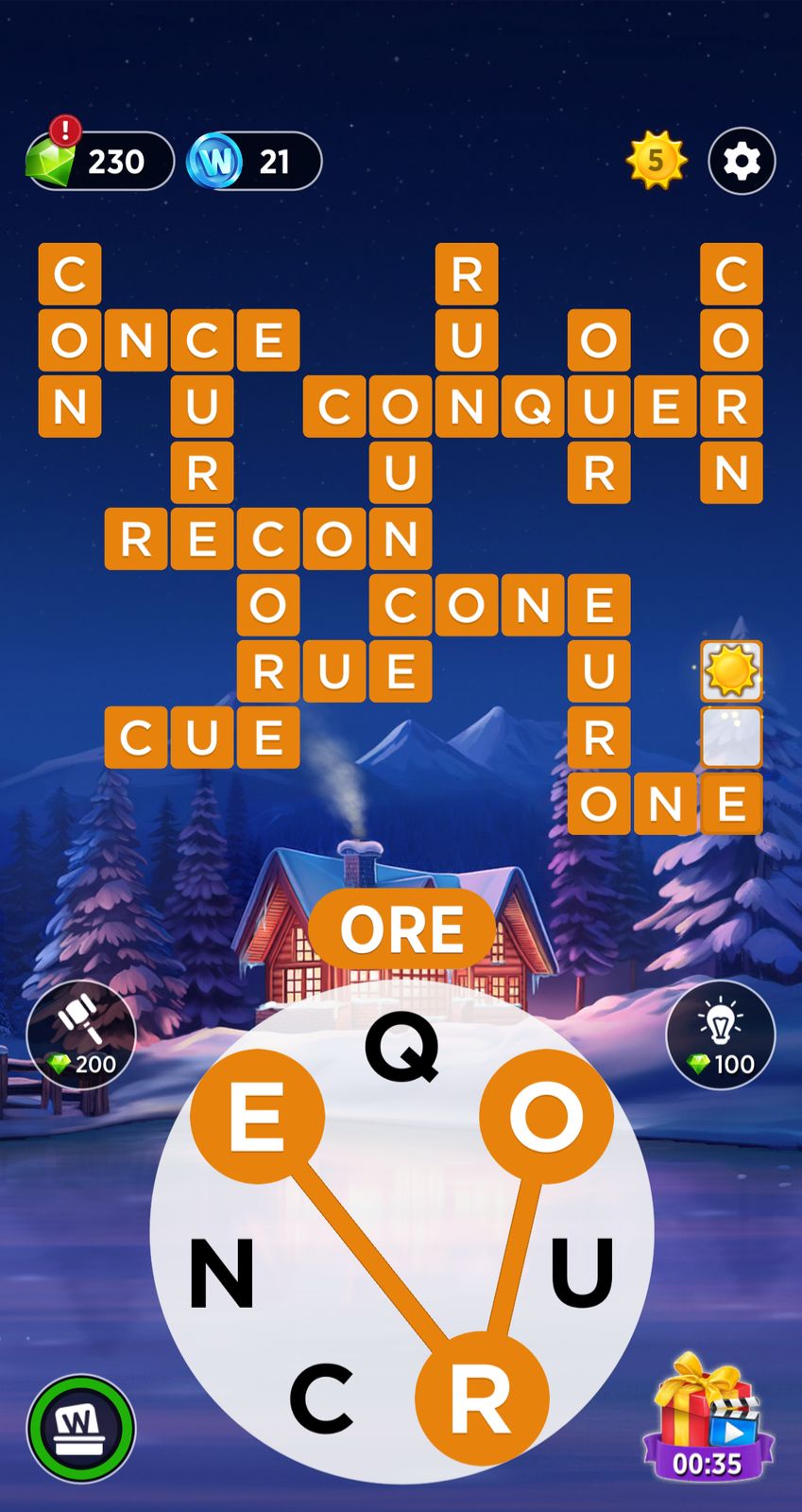 Word puzzle game screen with words like conquer.