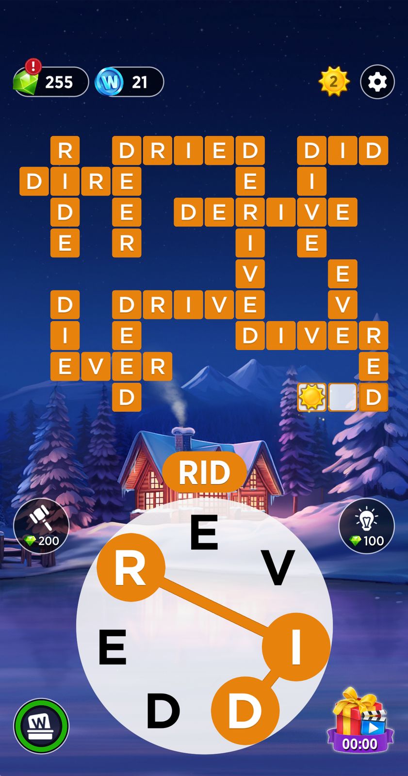 Word puzzle game with winter cabin background.