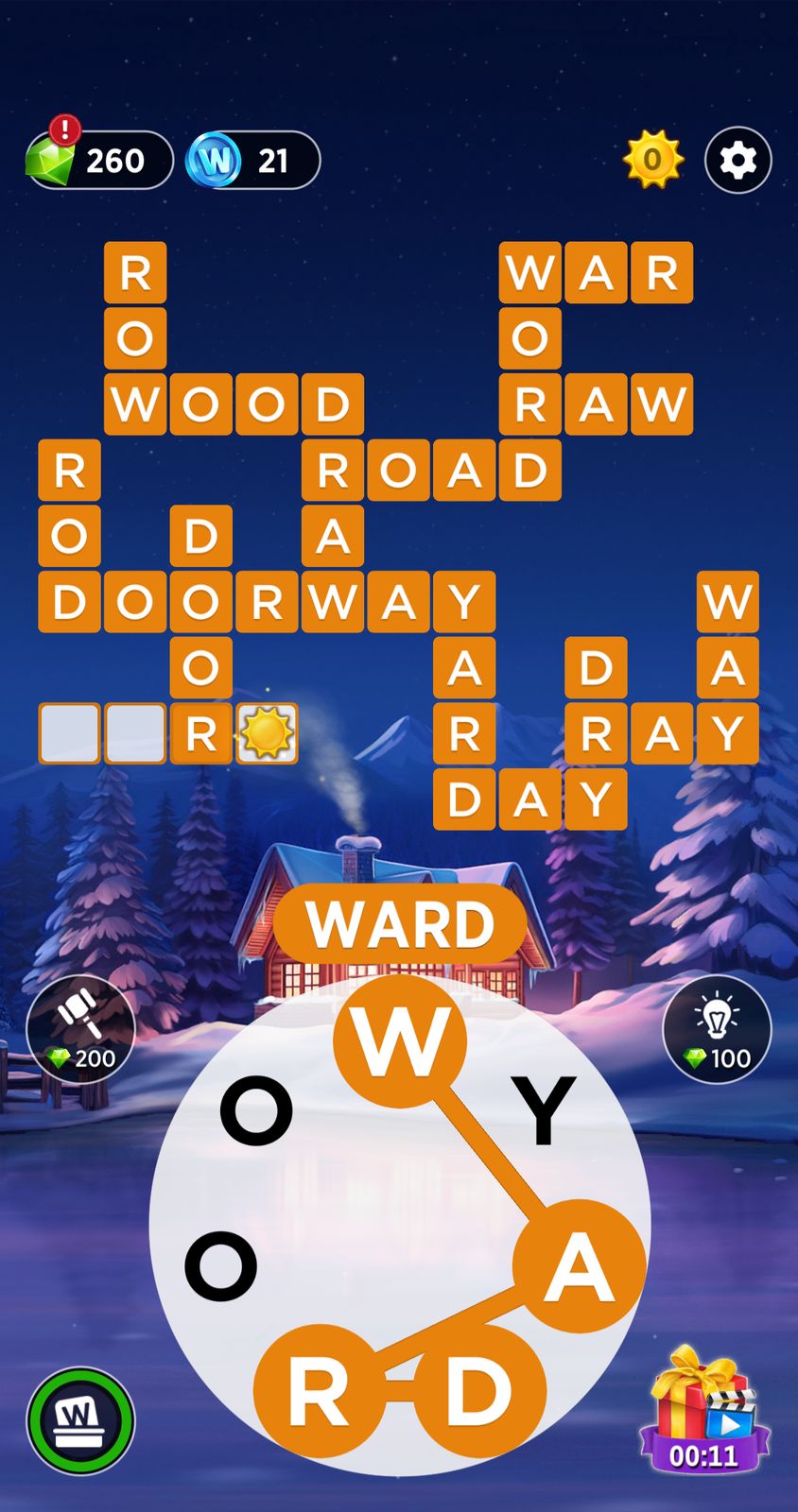 Word puzzle game with interconnected words and letters.