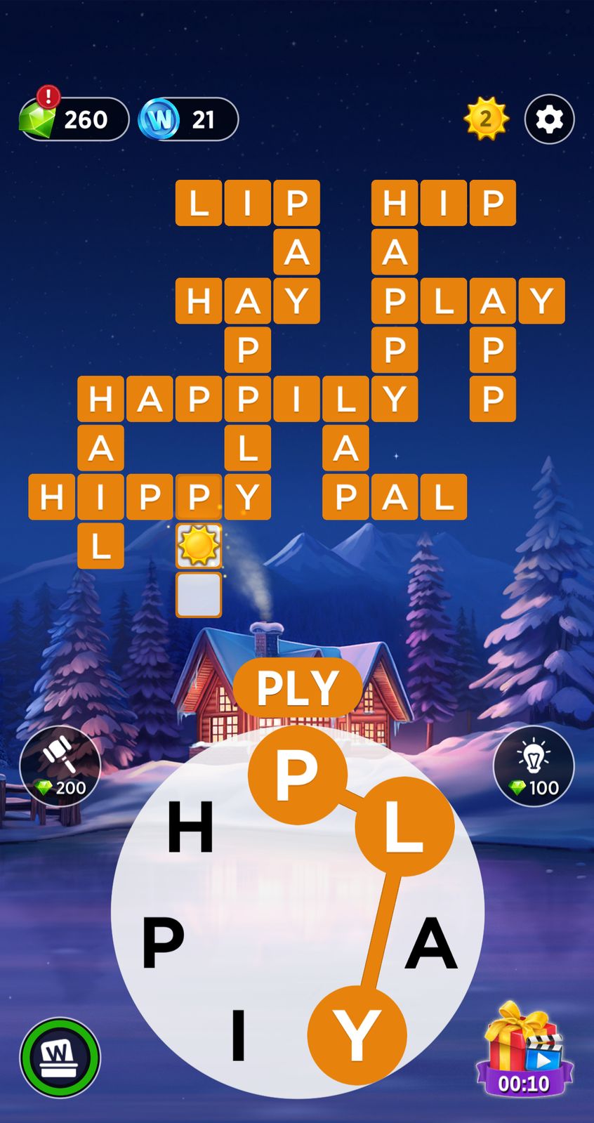 Word puzzle game in winter cabin scene.