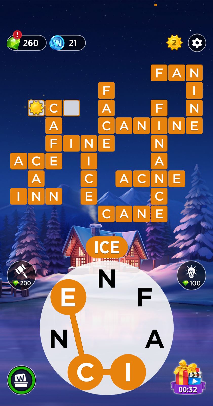 Winter word puzzle game interface with solved words.