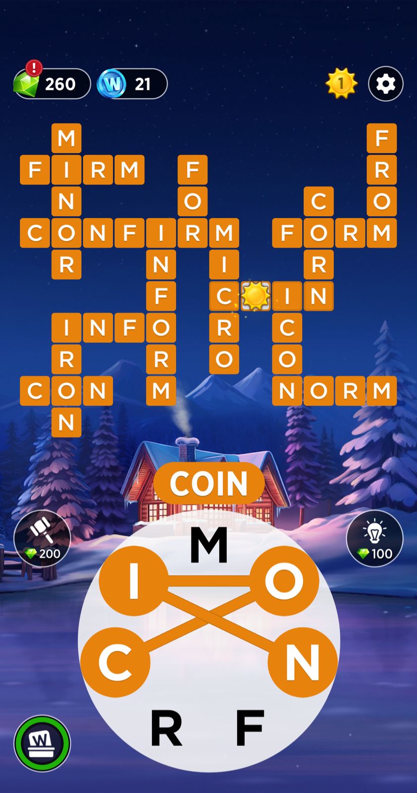 Word puzzle game screen with snowy cabin background.