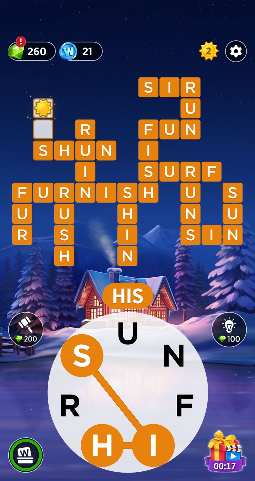Word puzzle game with snow-covered cabin background.