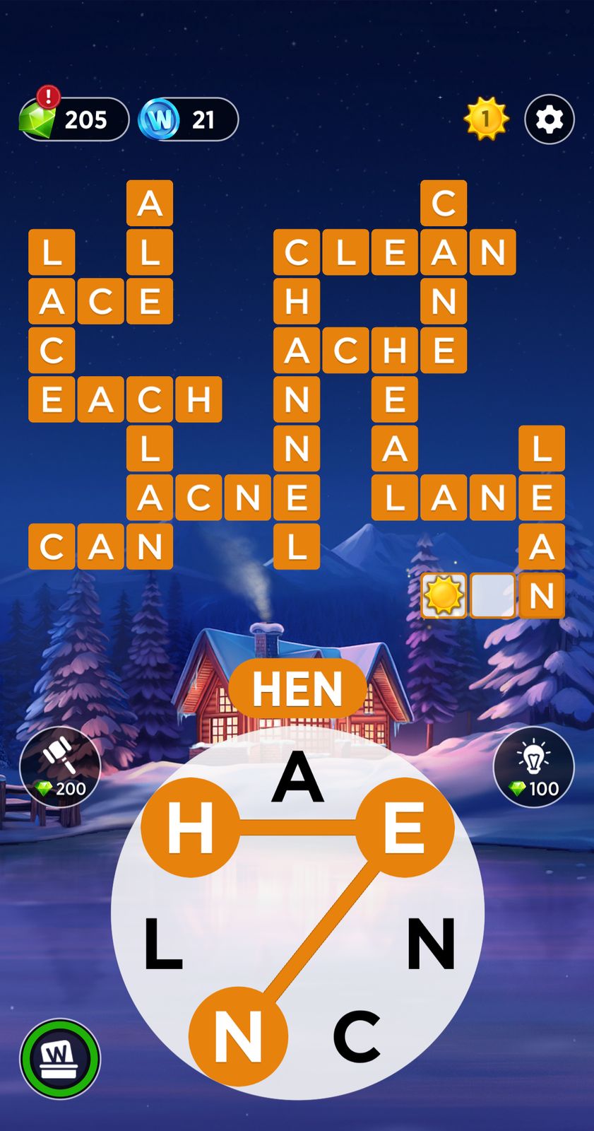 Word puzzle game interface with snowy background.
