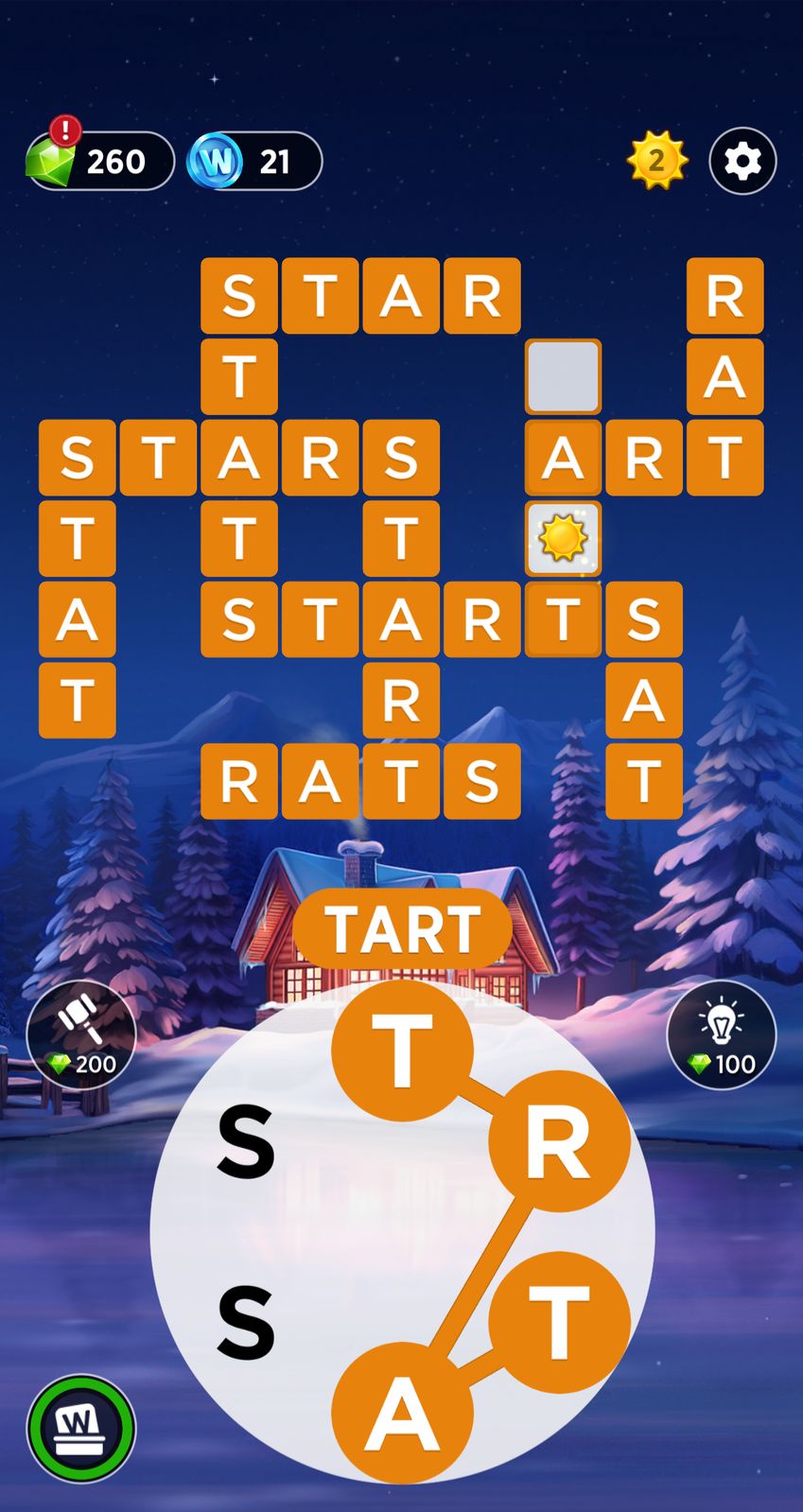 Word puzzle game in snowy backdrop.