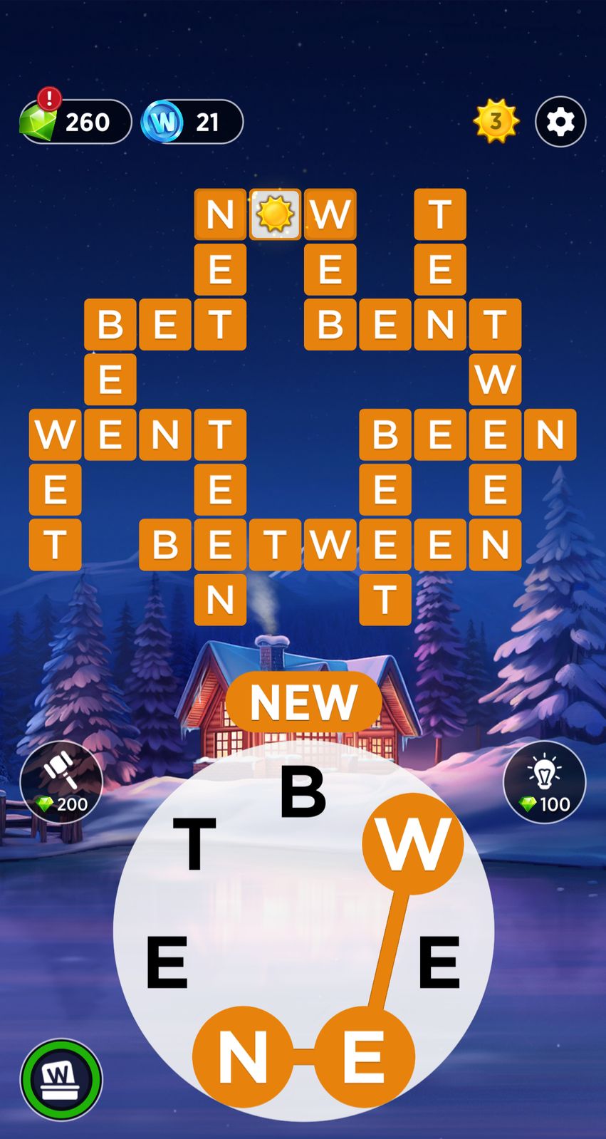 Word puzzle game screen with snowy cabin background.