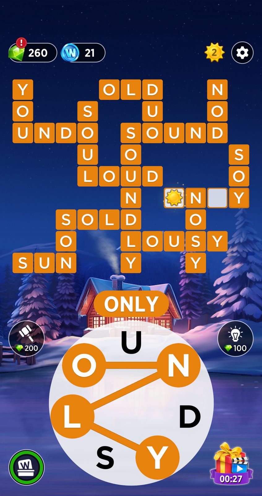 Word puzzle game interface with connected letters.